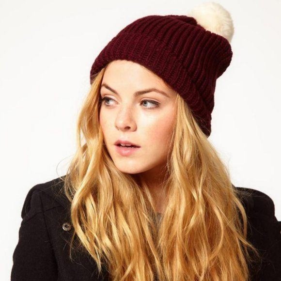 French Conn Ribbed Bobble Hat Shiraz Beanie PomPom - Picture 1 of 2